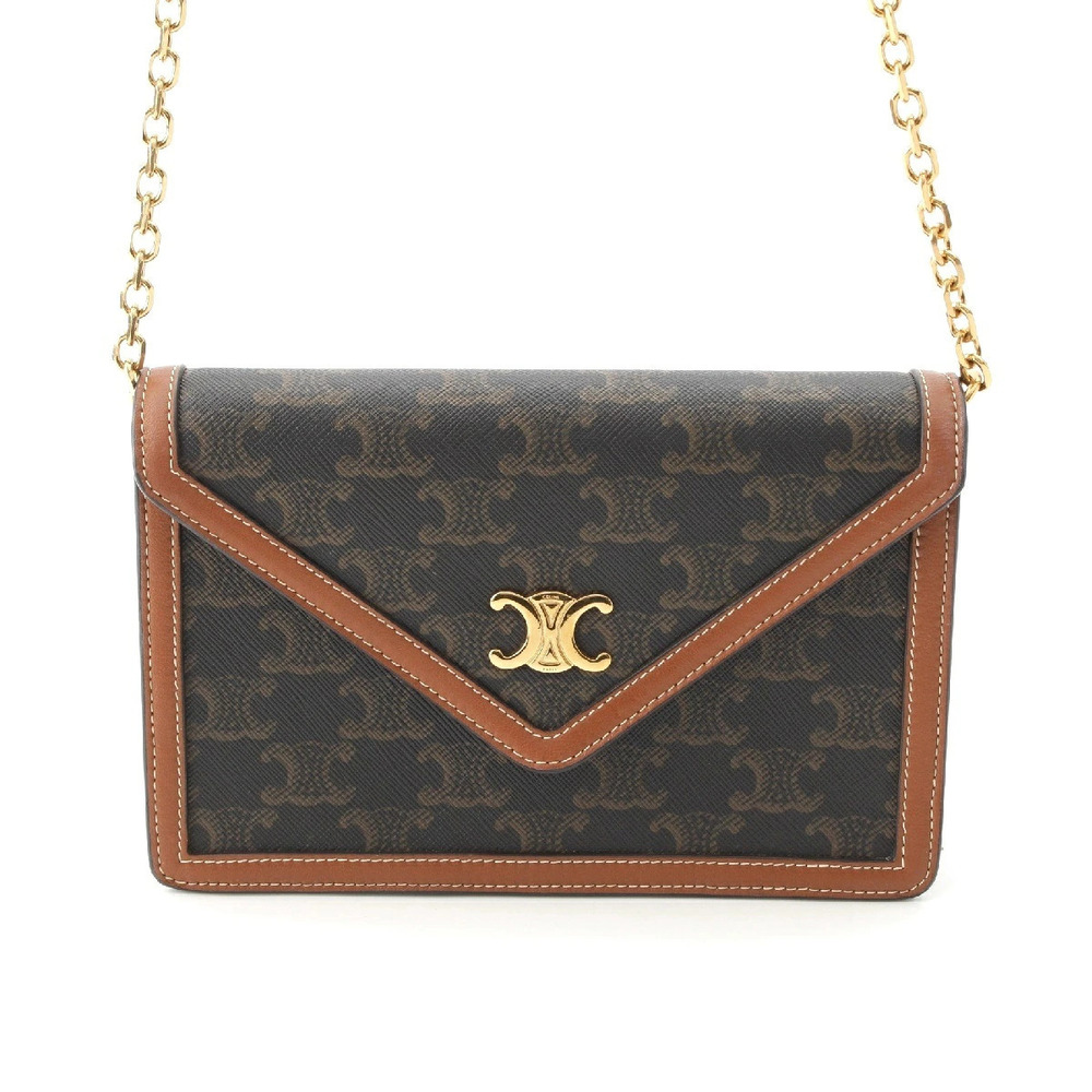 Celine Triomphe Canvas Flap Chain Wallet Shoulder Bag Brown